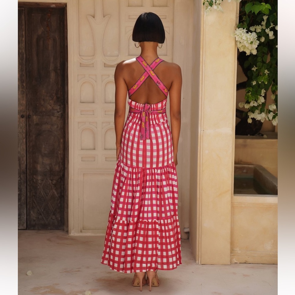 NWT Mo Maya Runa Gingham Check and Leopard Strap Print Maxi Dress Sz XS - Picture 9 of 16